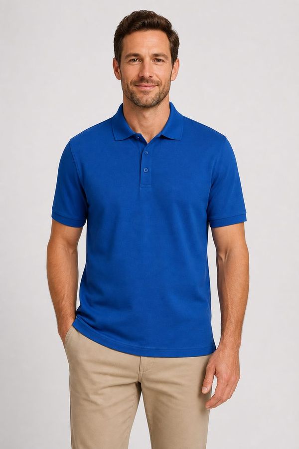 Man wearing a royal blue polo shirt