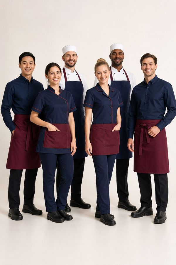 Hotel staff team wearing navy and burgundy uniforms