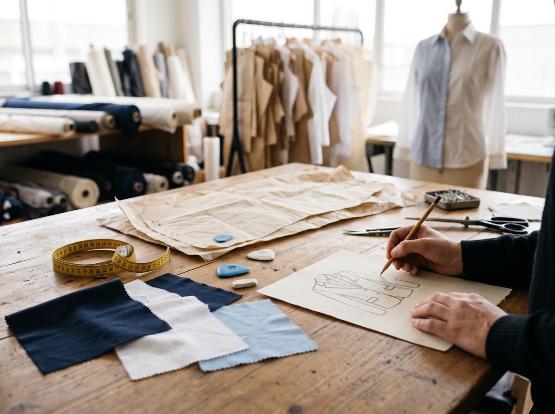 Designer sketching a uniform jacket beside fabric swatches