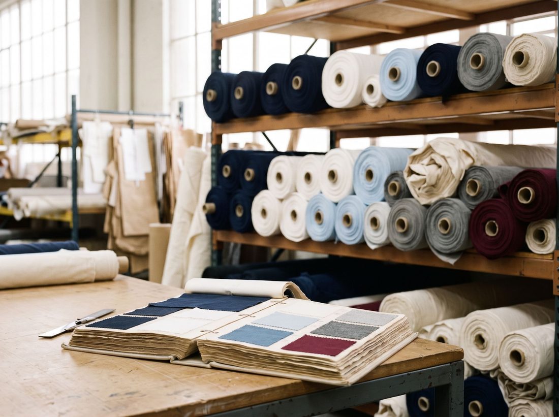 Fabric rolls in navy, white, blue, grey and burgundy with a swatch book