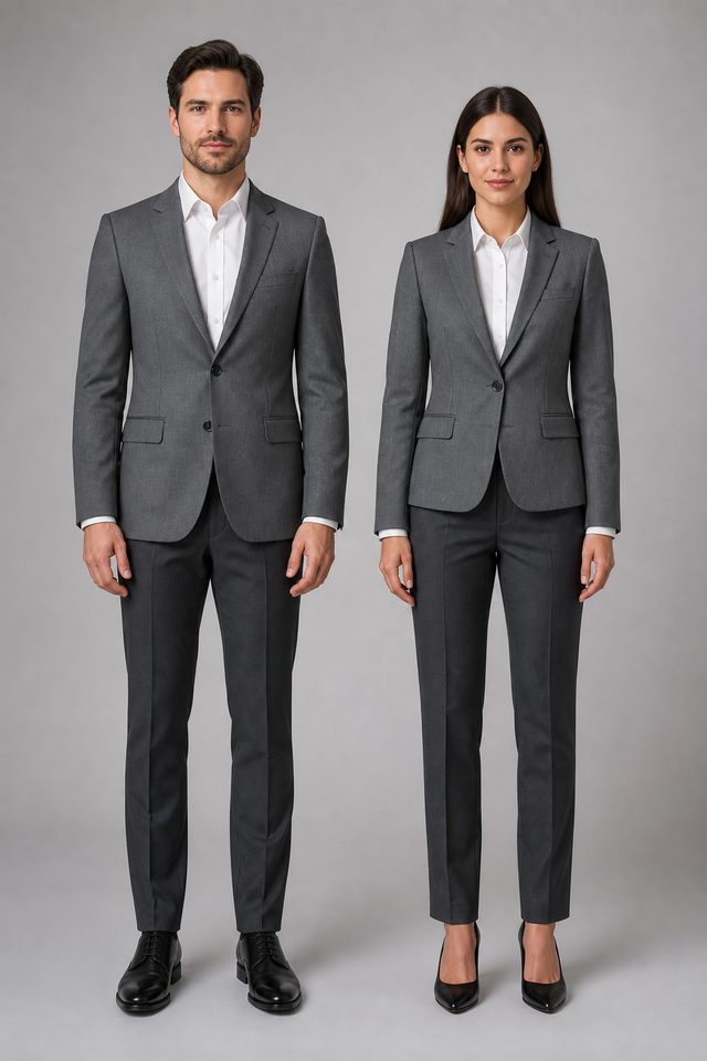 Man and woman in grey corporate suits