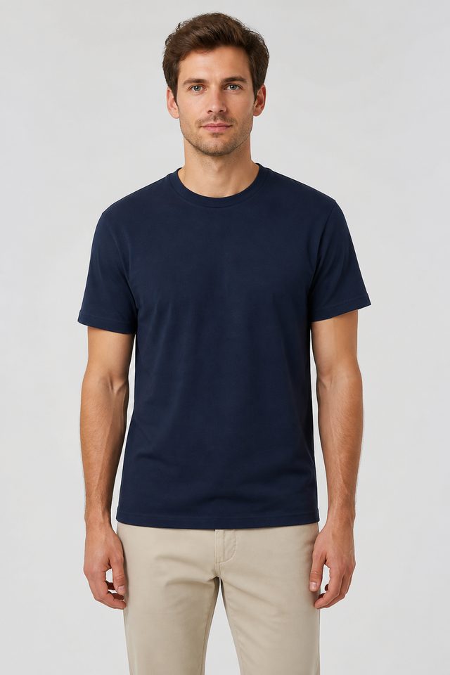 Man wearing a navy crew-neck T-shirt
